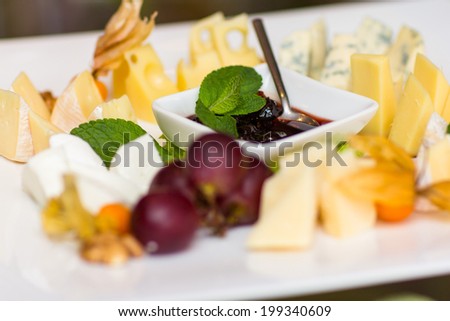 Different pieces of cheese, feta cheese, greens, salad, jam, lie on  plate.