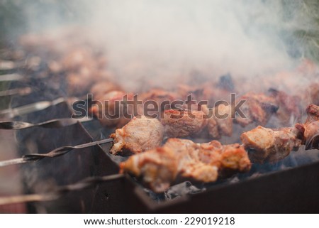 Barbeque sticks with meat, on the grill and heavy smoke above brazier.