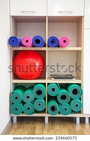 Balance ball, exercise mats constricted, rolled-up on a shelf in the closet.