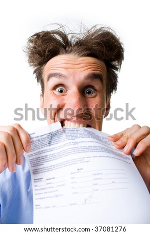 businessman ripping the contract on white