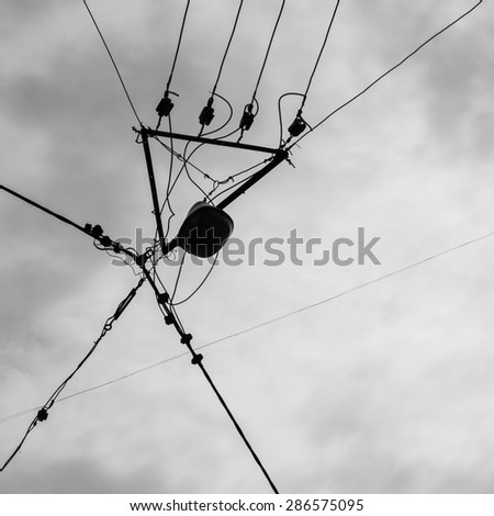 Silhouette of electrician aerial conductor; Black and White