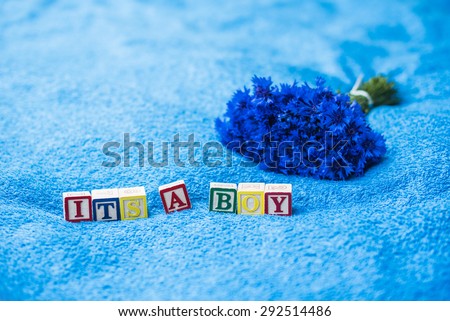 It\'s a boy Pregnancy Announcement made of toy letter blocks on blue bath towel background with cornflowers