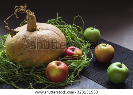 One Pumpkin and Five Apples decorated with artificial Grass. Still Life on Dark Background. Horizontal composition