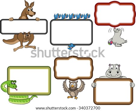 Frames with Cartoon Animals. Blank frames with cartoon animals holding up the frames. Snake, Kangaroo, Owl, Bluebirds, Hippo, Seal. Frames are text ready. Vector cartoon lines with separate fills.