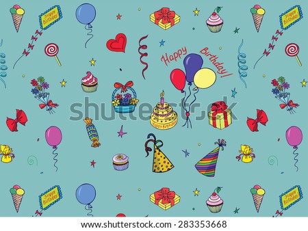 Happy Birthday Pattern made by colorful attributes of its celebration. Sketch style