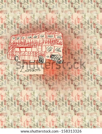 London bus for seamless background with Big Ben, bridge, phone box and the inscription London, naive style