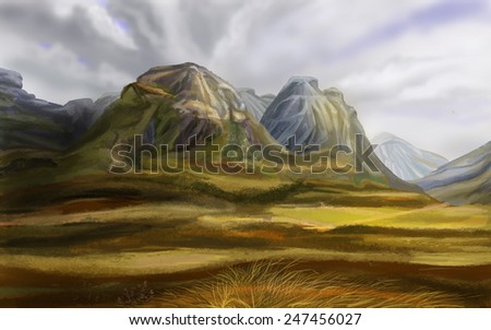 Valley before the majestic mountains. Digital drawing.