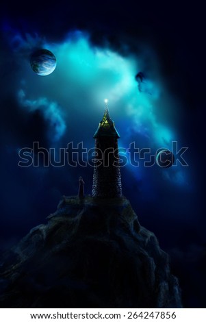 Lonely tower standing on a rock and a magician at its foot, watching the planets in the sky