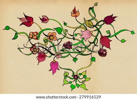 Floral ornament with leaves flowers and berries on the background of old paper