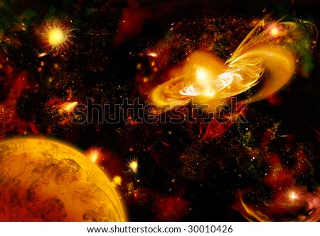 Space with nebula, look like Saturn. Goldish colour gamut, style a bit reminding the age-old pictures of space.
