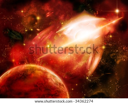 A planet is in space of red-orange colors, illusion of motion
