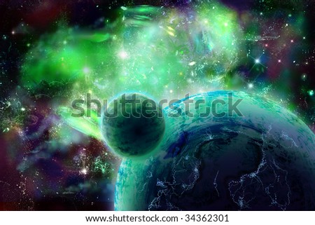 Impressive green space, planet with sputnik near nebula