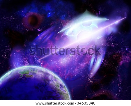 A planet is in space of purple and violet tints, illusion of motion