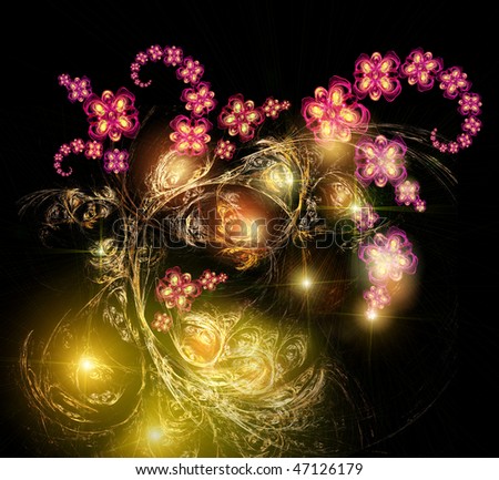 Fairy-tale, mystic luminous bouquet. Shining on a background star sky