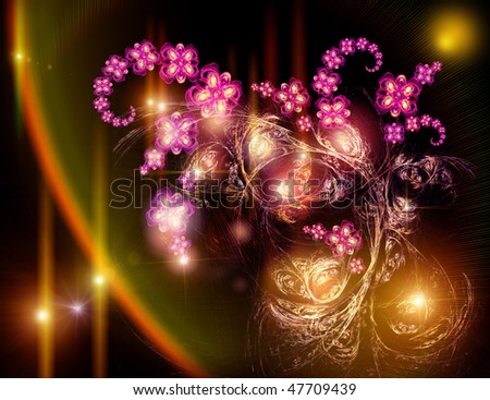 Fairy-tale, mystic luminous bouquet. Shining on a background star sky