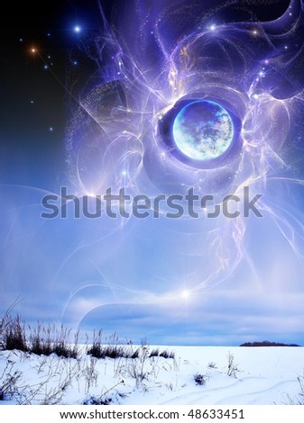 Planet above earth, the winter. Fantastic picture - a planet hung over earthly landscape