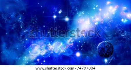A planet is in space, long nebula or part of galaxy among star sky