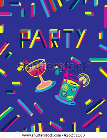 Party poster template with confetti and colorful graphic on blue background.Cocktail party poster with alcohol drinks in glasses on dark background vector illustration.Vector.