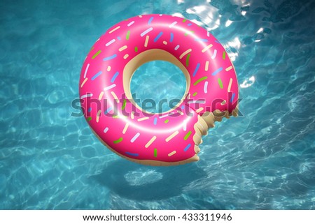 Hipster sprinkled doughnut float in sunny pool background straight down