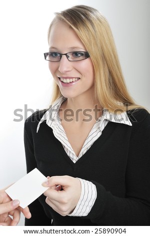 Businesswoman exchange a blank business card. Room for text, or your own message.