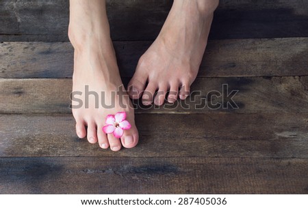 Beautiful female feet on wood background