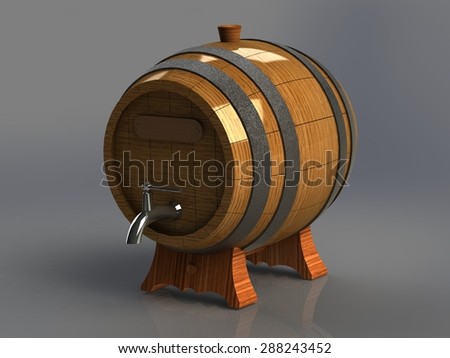 wooden barrel for alcoholic with an iron crane gray background