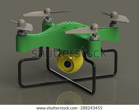The aircraft multicolored plastic with four propellers and video camera gray background