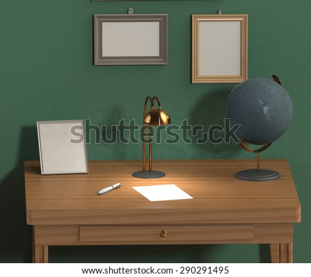 room with a table with empty frame on the wall, a globe and a table lamp sheet of paper and pen, green wall