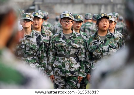 Pupils of university  take part in military training in Xiangyang, Hubei province, China on 7th Sep 2015.