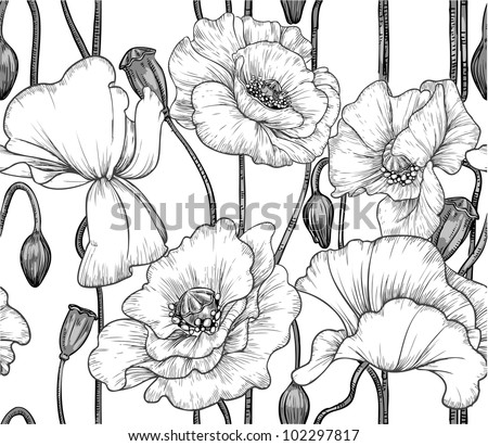 Seamless Pattern Of Black And White Poppies