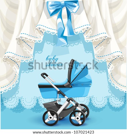 Blue baby shower card with baby carriage Blue baby shower card with baby carriage