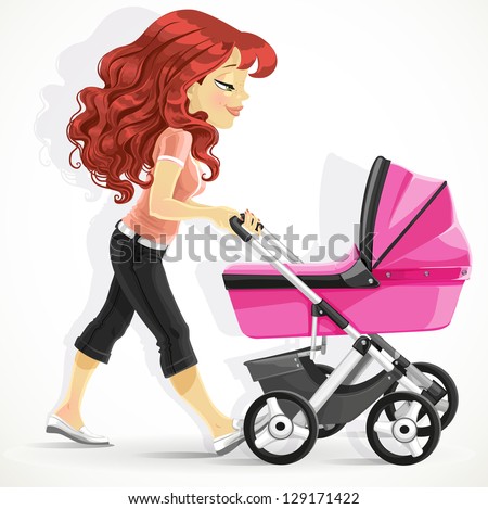Cute mother with a pink pram on walk isolated on white background Cute mother with a pink pram on walk isolated on white background