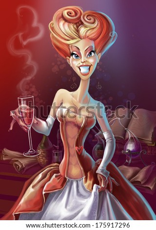 Fair lady offers drink a love potion in wineglass. Raster draw. Queen of hearts