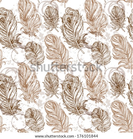 Big seamless romantic background from bird feathers on grunge stains from cups