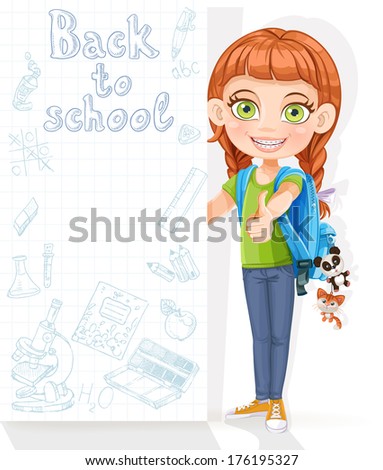 Cute girl student with a big banner for your text