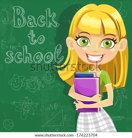 Banner Back to school - cute teenager girl at the board ready to learn