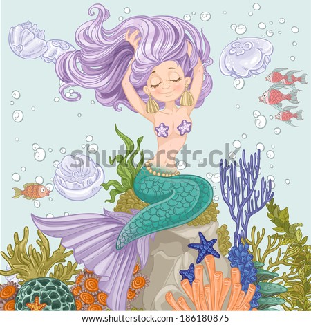 Beautiful mermaid straightens hair sitting on a rock with algae and anemones Beautiful mermaid straightens hair sitting on a rock with algae and anemones