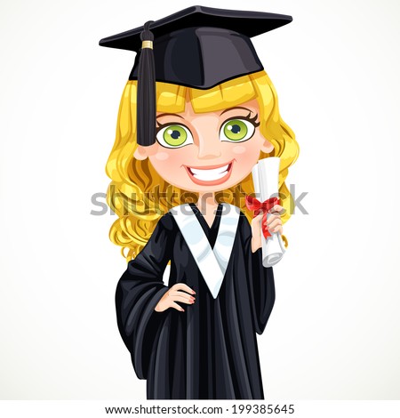 Cute girl in cap and gown graduate holding a scroll diploma Cute girl in cap and gown graduate holding a scroll diploma
