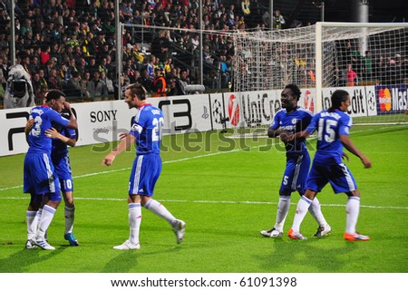 ZILINA, SLOVAKIA - SEPTEMBER 15: MSK Zilina vs Chelsea FC after goal of Chelsea at the match of European Champions League on September 15, 2010 in Zilina, Slovakia.