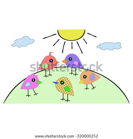 colorful little birds go on the hill in the sun. birds from simple shapes drawn on the nature of a sunny day