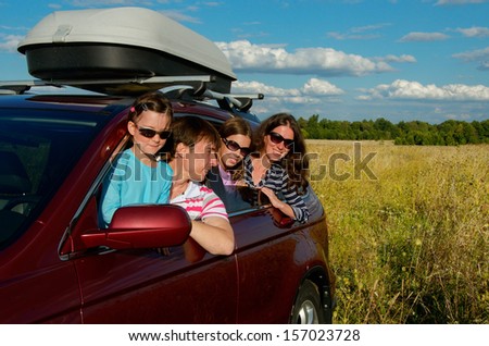 Car trip on family vacation, happy parents and kids travel and have fun, car insurance concept