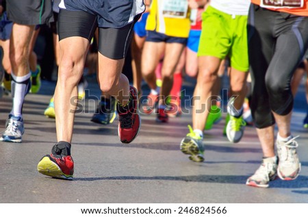 Marathon running race, people feet on road, sport, fitness and healthy lifestyle concept