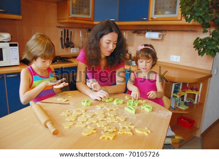 Mother with two kids baking together