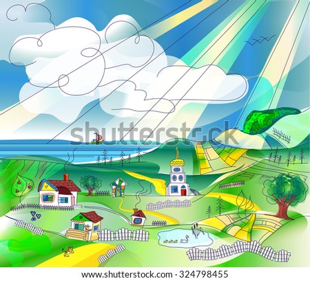 Rural landscape with sky, fields, hills, lake and sea. Country landscape background for your design, space for text