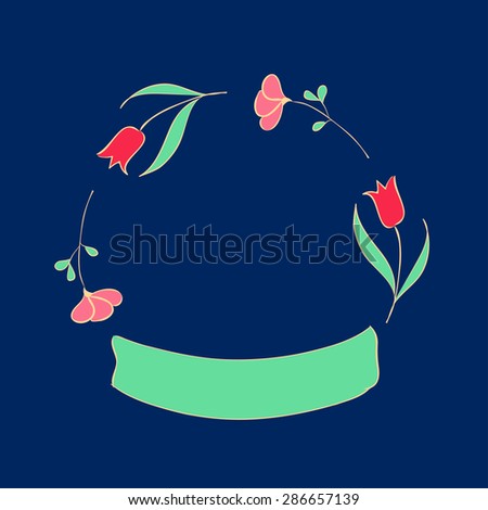 Decorative round frame with flowers, tulips and green ribbon on a blue background