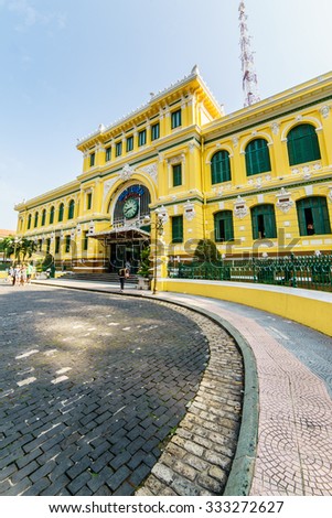 Saigon, Vietnam - 25 Oct, 2015: Main entrance to the Saigon post office at Cong xa Paris. This place is one of the most popular places when visit Hochiminh City.