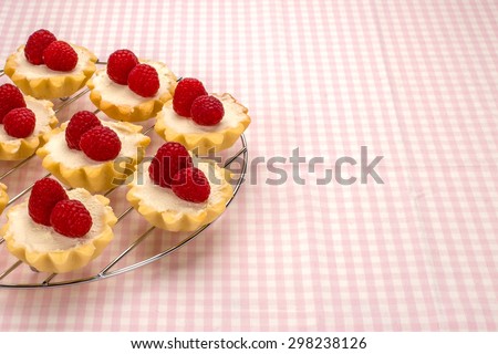 Homemade small cakes with cream cheese and fresh garden raspberries on a cotton napkin with a checkered pattern