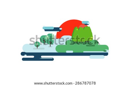 Vector illustration in trendy flat style. Landscape, nature, lake, trees
