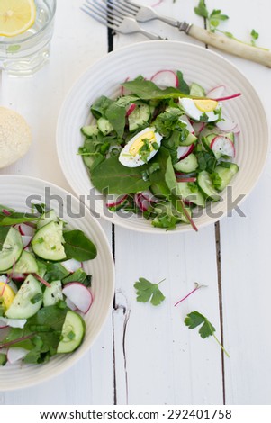 Salad with beets leaves, radish, cucumber and eggs served in a white plate on white wooden boards