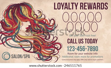 Salon customer loyalty card showing beautiful woman with long colorful hair